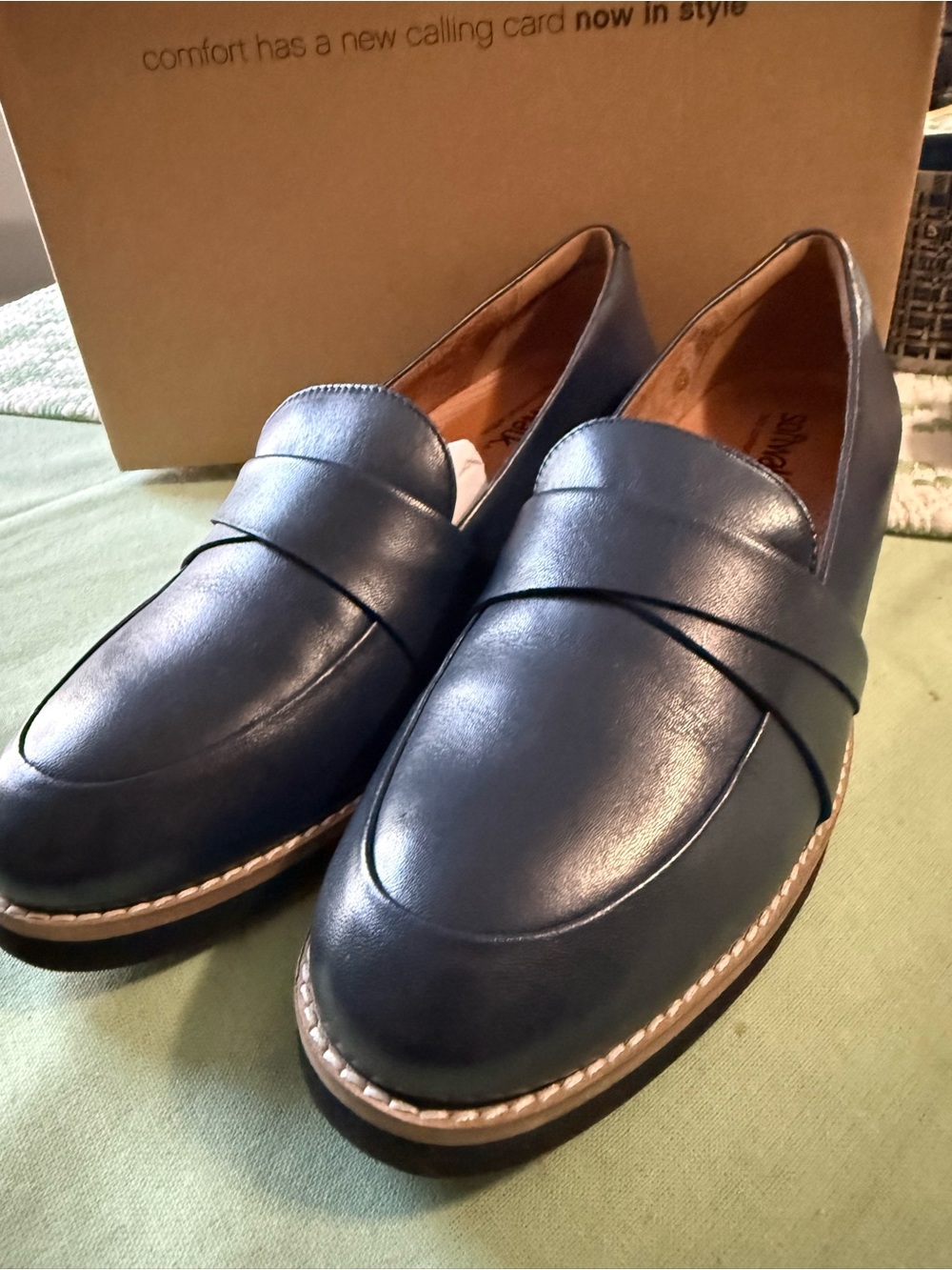 SoftWalk Navy Leather Penny Loafers with Contrast Stitching